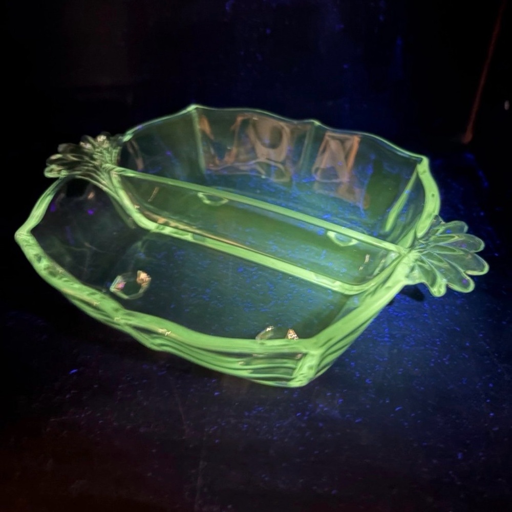 UV Reactive Vtg Fostoria Baroque Clear Glass Divided Handled Serving Bowl Dish